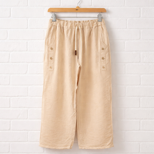 Button Detail Wide Leg Linen Pants
