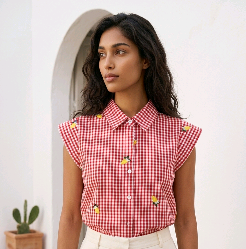 Gingham Shirt with Embroidered Lemons