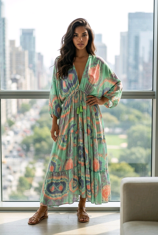 Floral long dress with short sleeves