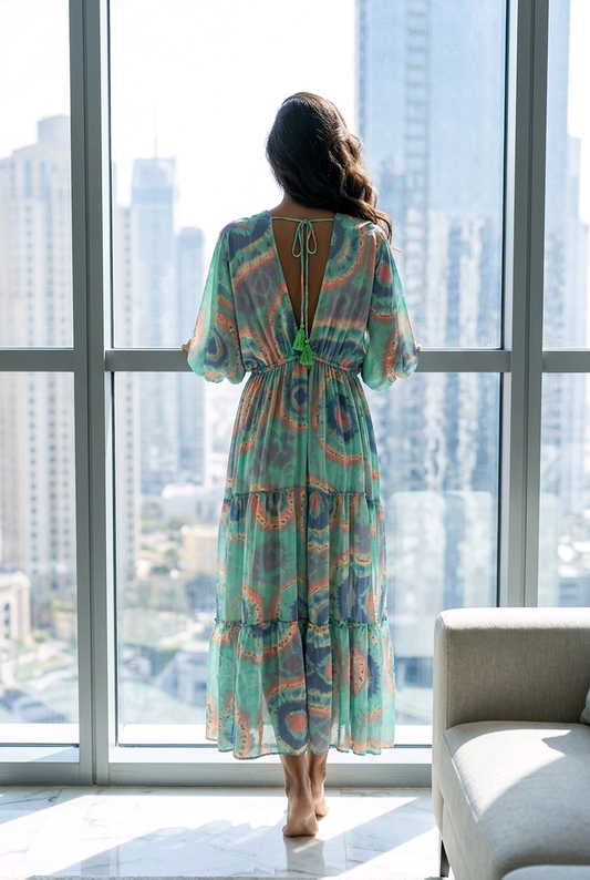Floral long dress with short sleeves