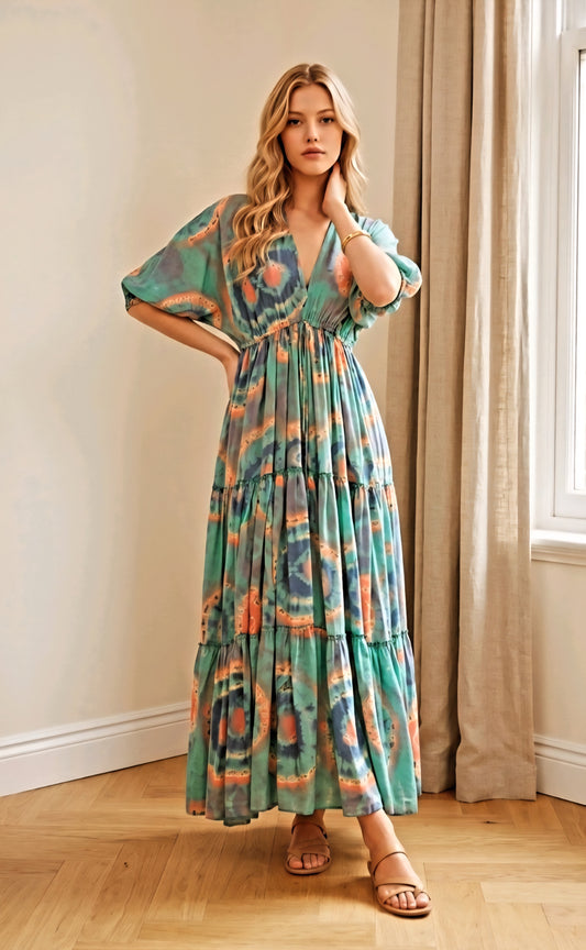 Floral long dress with short sleeves