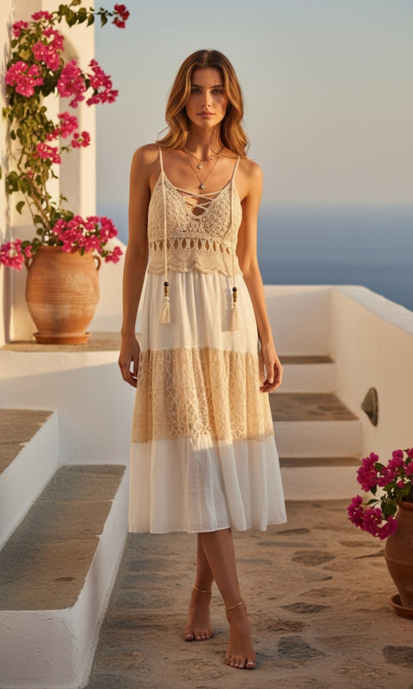 Crochet Midi Dress – White & Beige