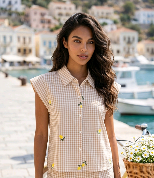 Gingham Shirt with Embroidered Lemons