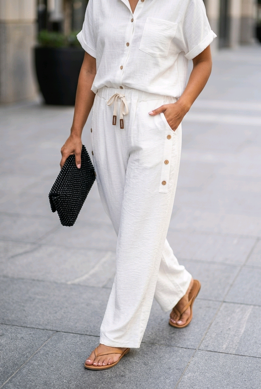 Button Detail Wide Leg Linen Pants