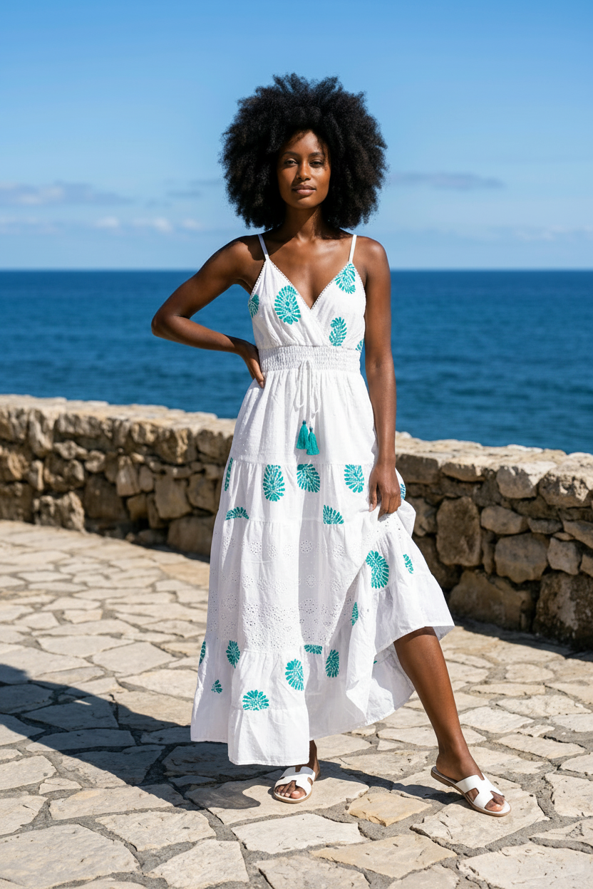 White Dress with Turquoise Print